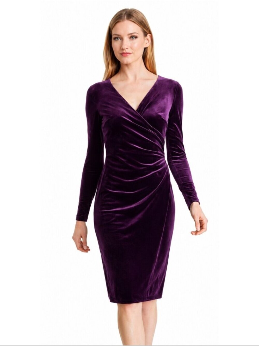 Lauren Ralph Lauren Purple Velvet V-Neck Long Sleeve Midi Sheath Dress